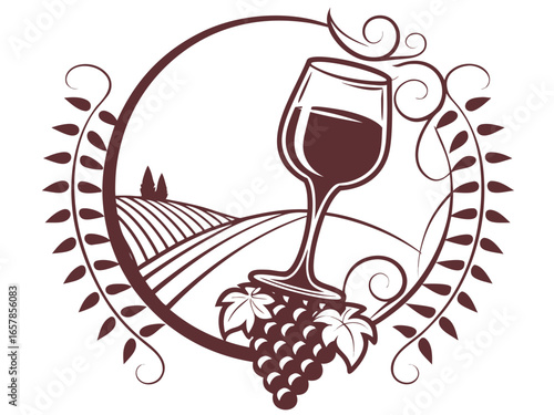 Elegant Black and White Wine Glass with Grapes and Vines , A stylized, black and white graphic of a wine glass surrounded by grape vines and swirls. 