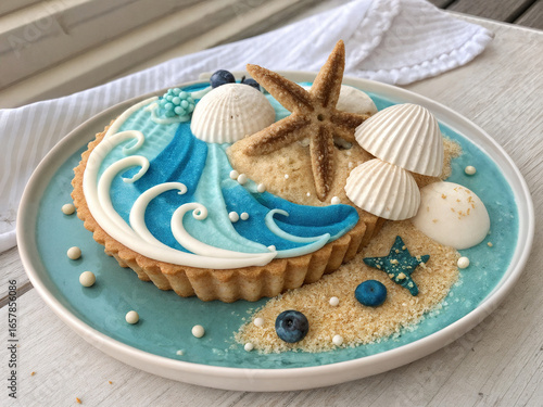 a beautifully decorated dessert with a beach theme, featuring blue and white icing waves, edible sand, seashells, and blueberries, on a blue plate with a white background.