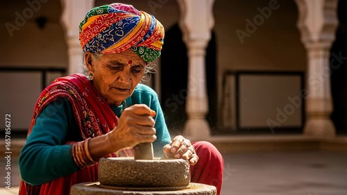 Elderly Indian woman from Rajasthan grinding spices in sunlit courtyard with traditional mortar and pestle.