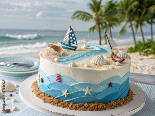 features a beautifully decorated cake with a beach theme, including seashells, waves, and sailboats. The cake is placed on a table with a white and blue tablecloth, and the background showcases a sere