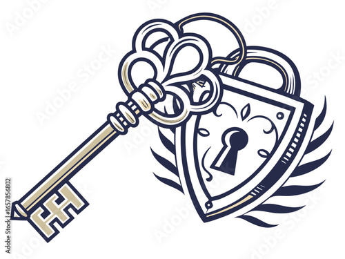 Vintage Key and Padlock, a symbol of security and secrets. A stylized, graphic illustration of an antique key and padlock, evoking a sense of security, secrecy, and history.