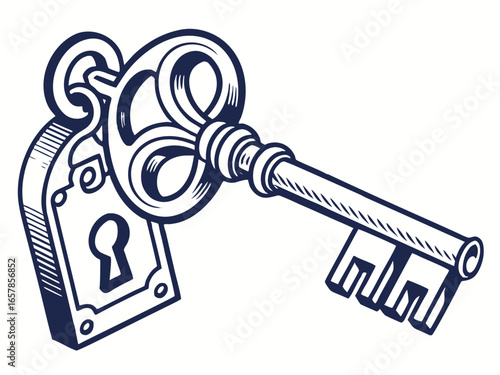 Vintage Key and Padlock, a symbol of security and secrets. A stylized, graphic illustration of an antique key and padlock, evoking a sense of security, secrecy, and history.