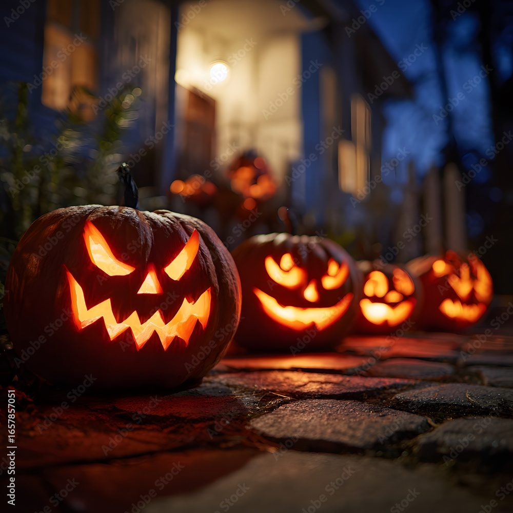 Fototapeta premium Halloween Pumpkin Lanterns at Night - AI generated