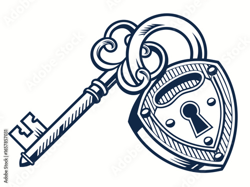 Vintage Key and Padlock, a symbol of security and secrets. A stylized, graphic illustration of an antique key and padlock, evoking a sense of security, secrecy, and history.