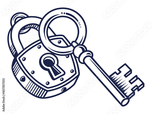 Vintage Key and Padlock, a symbol of security and secrets. A stylized, graphic illustration of an antique key and padlock, evoking a sense of security, secrecy, and history.