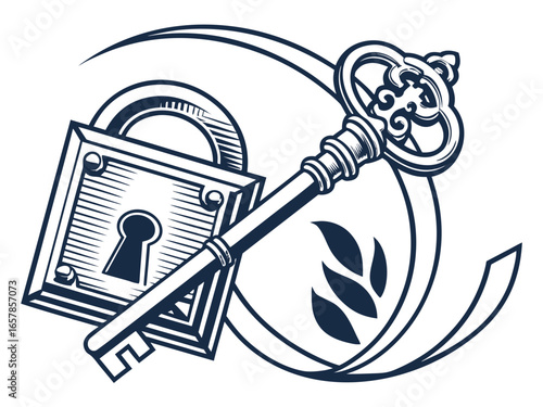 Vintage Key and Padlock, a symbol of security and secrets. A stylized, graphic illustration of an antique key and padlock, evoking a sense of security, secrecy, and history.
