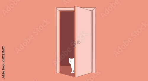 A minimalist illustration of a cat peeking out from behind a slightly open door, creating a sense of curiosity and mystery in a simple design