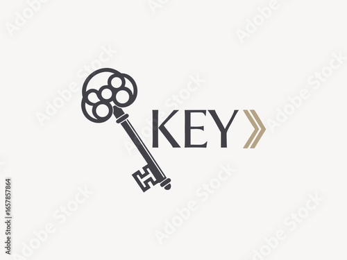 Elegant vintage key graphic for real estate or business. A simple, stylized, vintage-style key graphic overlays the word "KEY" in a clean, modern design. 