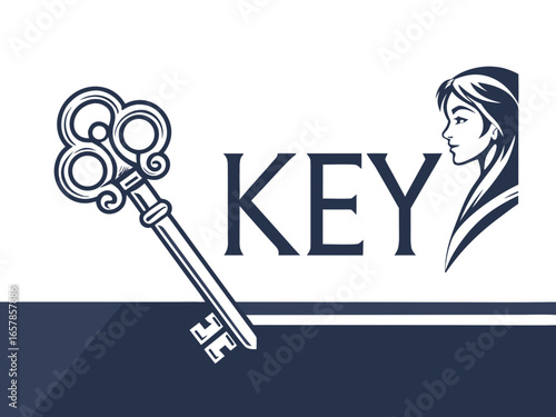 Elegant vintage key graphic for real estate or business. A simple, stylized, vintage-style key graphic overlays the word "KEY" in a clean, modern design. 