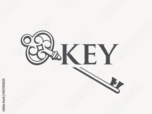 Elegant vintage key graphic for real estate or business. A simple, stylized, vintage-style key graphic overlays the word "KEY" in a clean, modern design. 