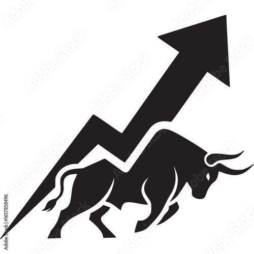 A bold bull silhouette charges forward beneath a sharply rising arrow, symbolizing stock market growth and financial success isolated on white background