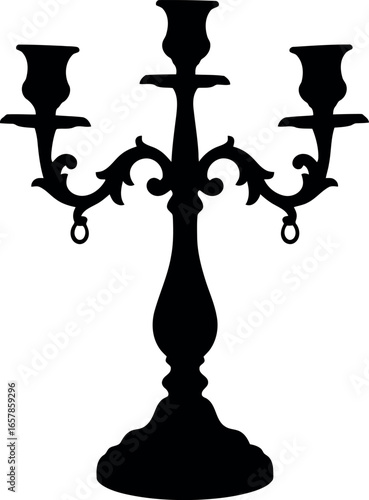 Elegant black silhouette of a vintage three branched candelabra with ornate detailing on a white background