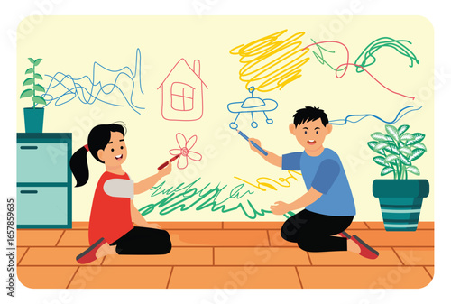 Children Drawing on Wall with Colorful Crayons.