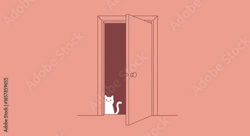 A minimalist illustration of a cat peeking out from behind a slightly open door, creating a sense of curiosity and mystery in a simple design