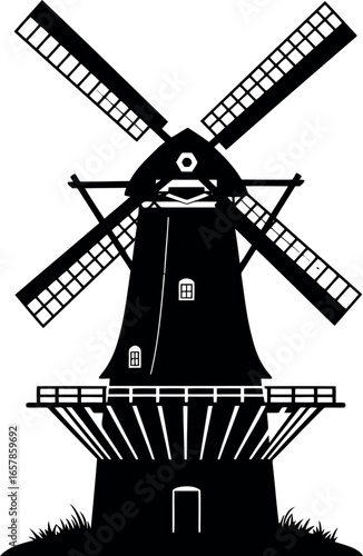 Classic dutch windmill silhouette with large rotating sails against a white background representing traditional european agriculture and industry