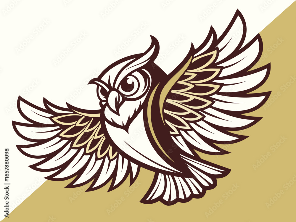 Obraz premium Stylish black and white owl logo with tribal-style wings. A bold, graphic logo of an owl, stylized in a tribal or geometric pattern, encircled by large stylized wings. 