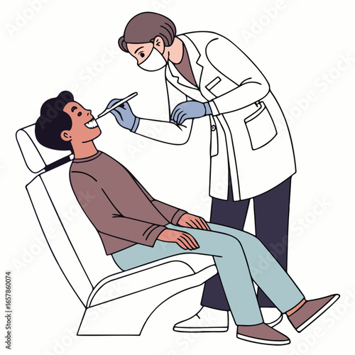 Vector illustration of dental care with a patient lying in a chair and a doctor examining teeth, suitable for oral hygiene, medical, and healthcare themes.