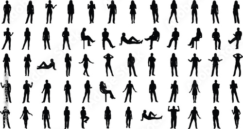 Silhouette, people, poses, standing, sitting, leaning, gesture, walking, action, movement, posture, lifestyle, vector, illustration, crowd, human, figure, body, activity, black