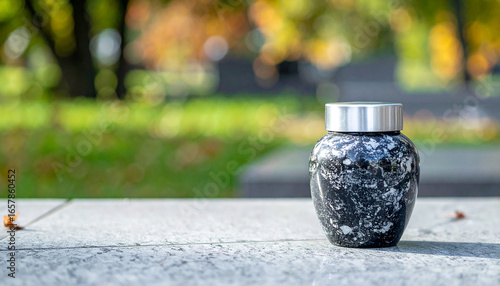 Minimalistic urn with ashes on marble surface outside, natural backdrop. Funeral concept.
