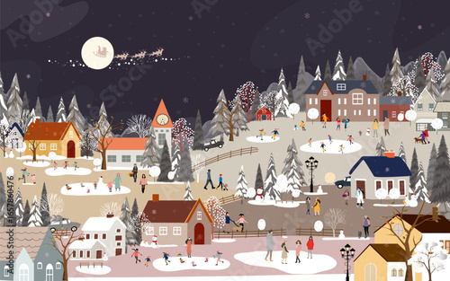 Winter City Scene,Christmas Greeting Card,New Year Background,Vector illustration Endless Horizon Cute Fairy Houses with Snowy. Christmas winter landscape Design for Postcard