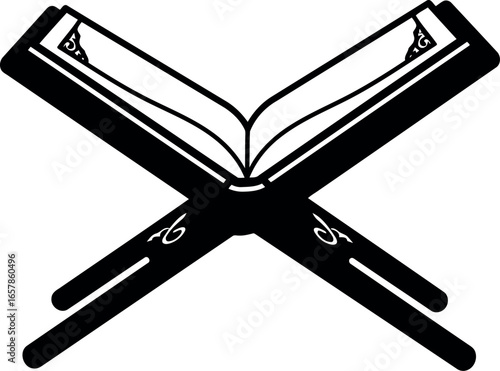 An open quran resting on a traditional wooden rehal stand symbolizing islamic faith and sacred scripture