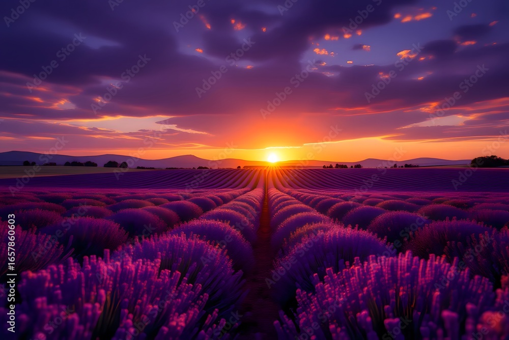 Fototapeta premium Vibrant Lavender Field at Sunset with Dramatic Sky