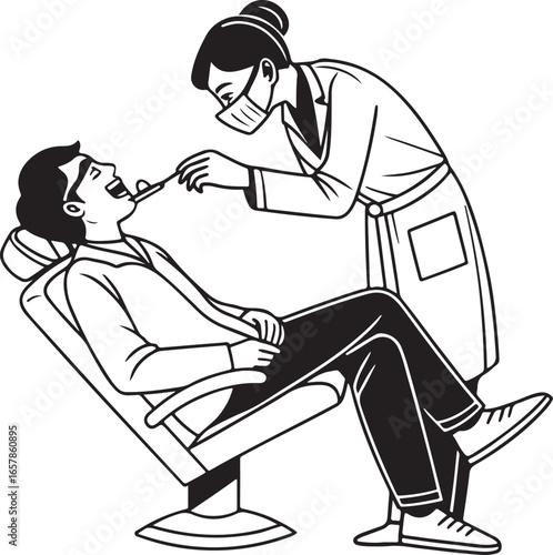 Professional doctor examining the teeth of a patient in a dental clinic, vector illustration ideal for oral hygiene and healthcare promotion