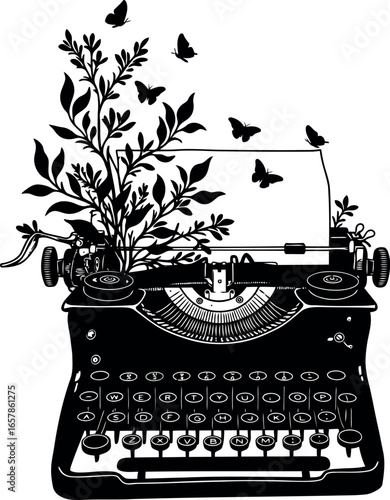 Vintage typewriter with blooming branches and fluttering butterflies emerging from the paper creating a surreal artistic concept