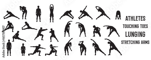 Architectural Drawings athletes touching toes, lunging, or stretching arms silhouette vector illustration, front view, human person Minimal style hand drawn. Sections, Elevations, Floor Plans