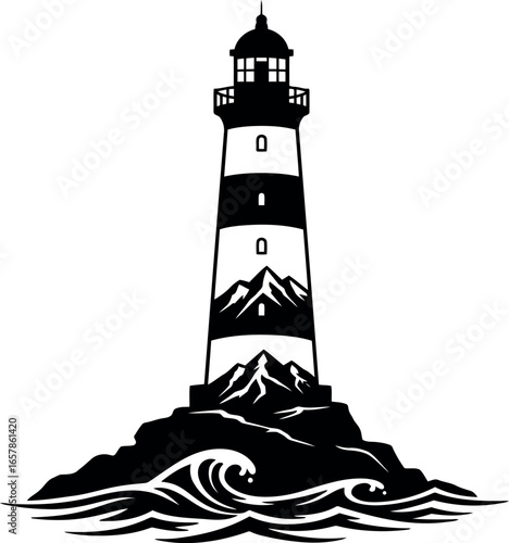 Striking black and white illustration of a classic lighthouse standing tall on a rocky shore with crashing waves