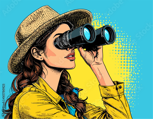 Binoculars held by a woman wearing a straw hat and a yellow jacket with a bluebird, set against a blue and yellow splattered background in a bold, graphic style.