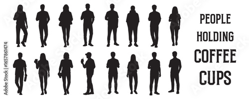 Architectural Drawings people holding coffee cups, bottles, or reusable mugs silhouette vector illustration, front view, human person Minimal style hand drawn. Sections, Elevations, Floor Plans