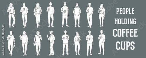 Architectural Drawings people holding coffee cups, bottles, or reusable mugs vector illustration, front view, human person Minimal style hand drawn. Sections, Elevations, Floor Plans