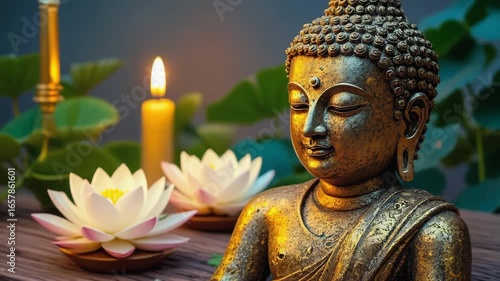 Serene Buddha Statue Adorned with Lotus Flowers and Soft Candlelight, Creating a Peaceful and Spiritual Atmosphere.