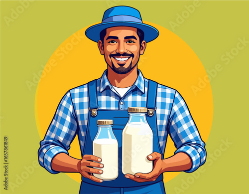 Man wearing a blue hat and overalls, smiling while holding two glass bottles filled with fresh milk, standing against a contrasting yellow circle and green background.