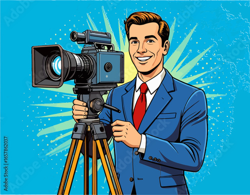Television Camera on a tripod, with a smiling cameraman in a blue suit, cartoon illustration with halftone background, news report and journalism theme.