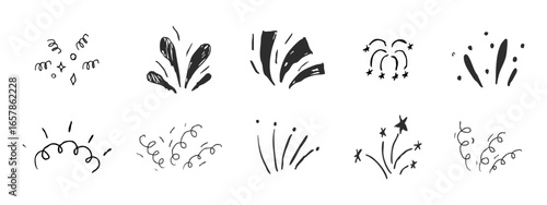 Set Firework confetti spark burst comic manga explosion. Doodle hand drawn line spark party celebration. Radial japan minimal set.