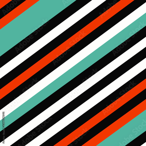 A dynamic abstract background featuring a striking pattern of bold diagonal stripes in vibrant orange, crisp white, deep black, and refreshing teal.