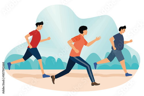 Running concept. Three Individuals Running Together in a Park on a Sunny Day.