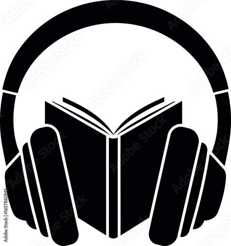 Black silhouette of an open book with headphones over the pages symbolizing audiobooks or learning through listening