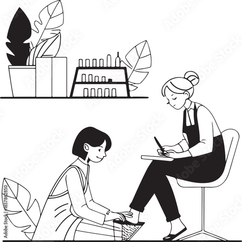 Modern artwork showing a client and beautician in a salon, perfect for wellness spa, beauty design, and skin treatment graphics