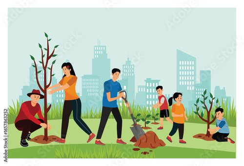 People planting trees in city park, garden, farm.