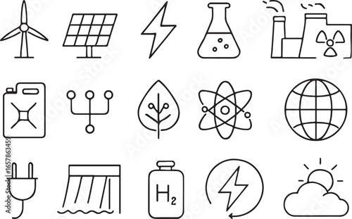 Renewable and Non Renewable Energy Sources Depicted in Line Art Icons Representing Sustainable Solutions and Traditional Power Generation