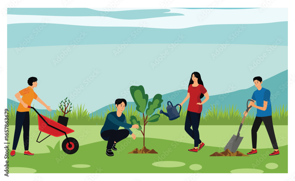 Fototapeta premium Caring for nature and environment concept. Group Engaged in Tree Planting Activity.