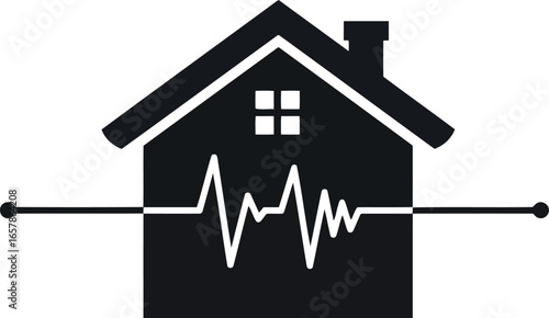 Abstract silhouette of a house with a cardiogram pulse line integrated into its foundation representing health and stability