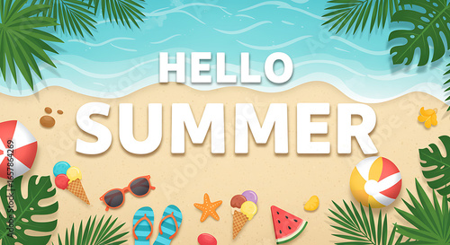 Hello summer beach scene with tropical leaves and beach accessories