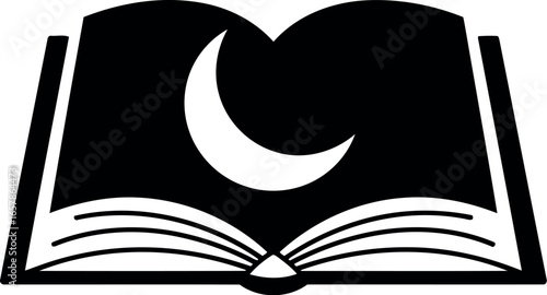 Open book silhouette with a crescent moon shining brightly from within its pages against a dark background