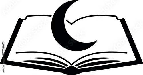 Stylized illustration of an open book with a crescent moon resting on its pages symbolizing knowledge and spiritual enlightenment