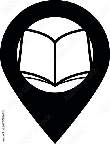 Open book symbol inside a black location pin icon representing a place of learning or a literary destination
