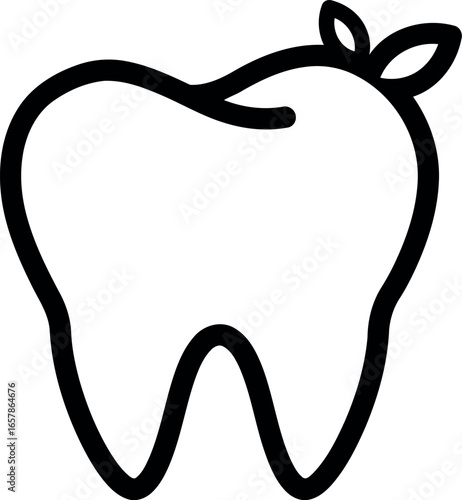 Simple hand drawn outline of a healthy tooth with a small green leaf sprout growing from the top representing dental care and natural wellness
